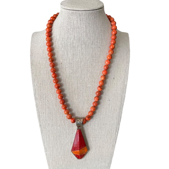 JTV Orange Beaded and Red Sponge Pendant Necklace and Earrings Set - Picture 2 of 6